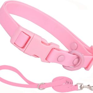 Pink Silicone Dog Collar and Leash Set, Waterproof Plastic PVC Rubber Washable Quick Release Buckle Water Swim Girl Puppy Collars for Small Medium Large Pet Female Dogs, S