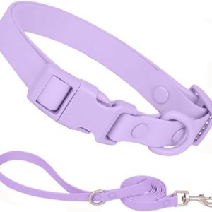 Waterproof Dog Collar and Leash Set, Purple Silicone Plastic PVC Rubber Washable Quick Release Buckle Water Swim Girl Puppy Collars for Small Medium Large Pet Female Dogs, S