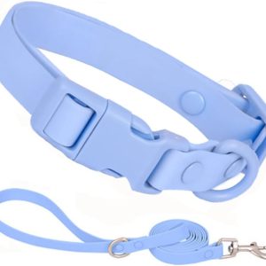 Light Blue Plastic Dog Collar and Leash Set, Silicone Rubber Puppy Collar PVC Washable Quick Release Buckle Water Swim Waterproof Dog Collars for Small Medium Large Pet Male Female Dogs, S