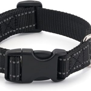 Dog Collar for Small Medium Dogs with Buckle, Breathable Adjustable Nylon Reflective Dog Collars, Black/Medium