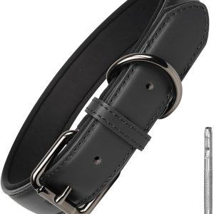 Leather Dog Collar Soft Padded Heavy Duty Strong Collars Comfortable Basic Pet Collar with Adjustable Rust-Proof Metal Buckle Best Gift for Small Medium Large Dogs,Black,S