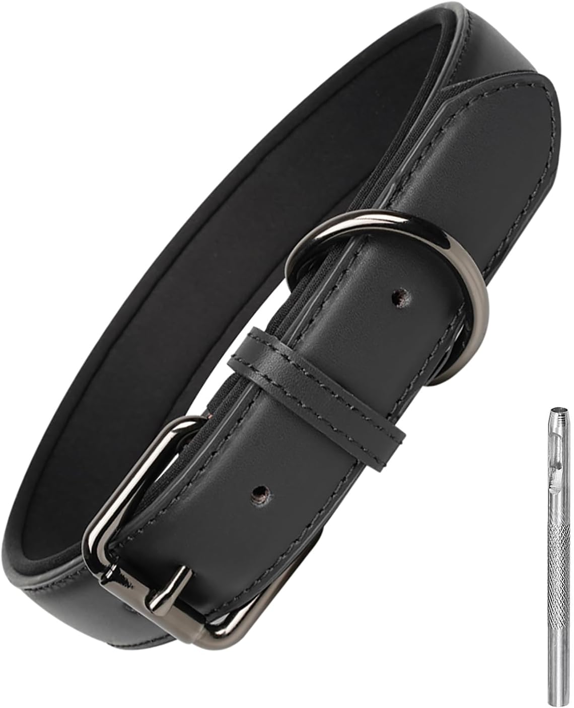 Leather Dog Collar Soft Padded Heavy Duty Strong Collars Comfortable Basic Pet Collar with Adjustable Rust-Proof Metal Buckle Best Gift for Small Medium Large Dogs,Black,S