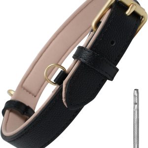 Leather Dog Collar Soft Padded Heavy Duty Strong Collars Comfortable Basic Pet Collar with Adjustable Rust-Proof Metal Buckle Best Gift for Small Medium Large Dogs,Black,L