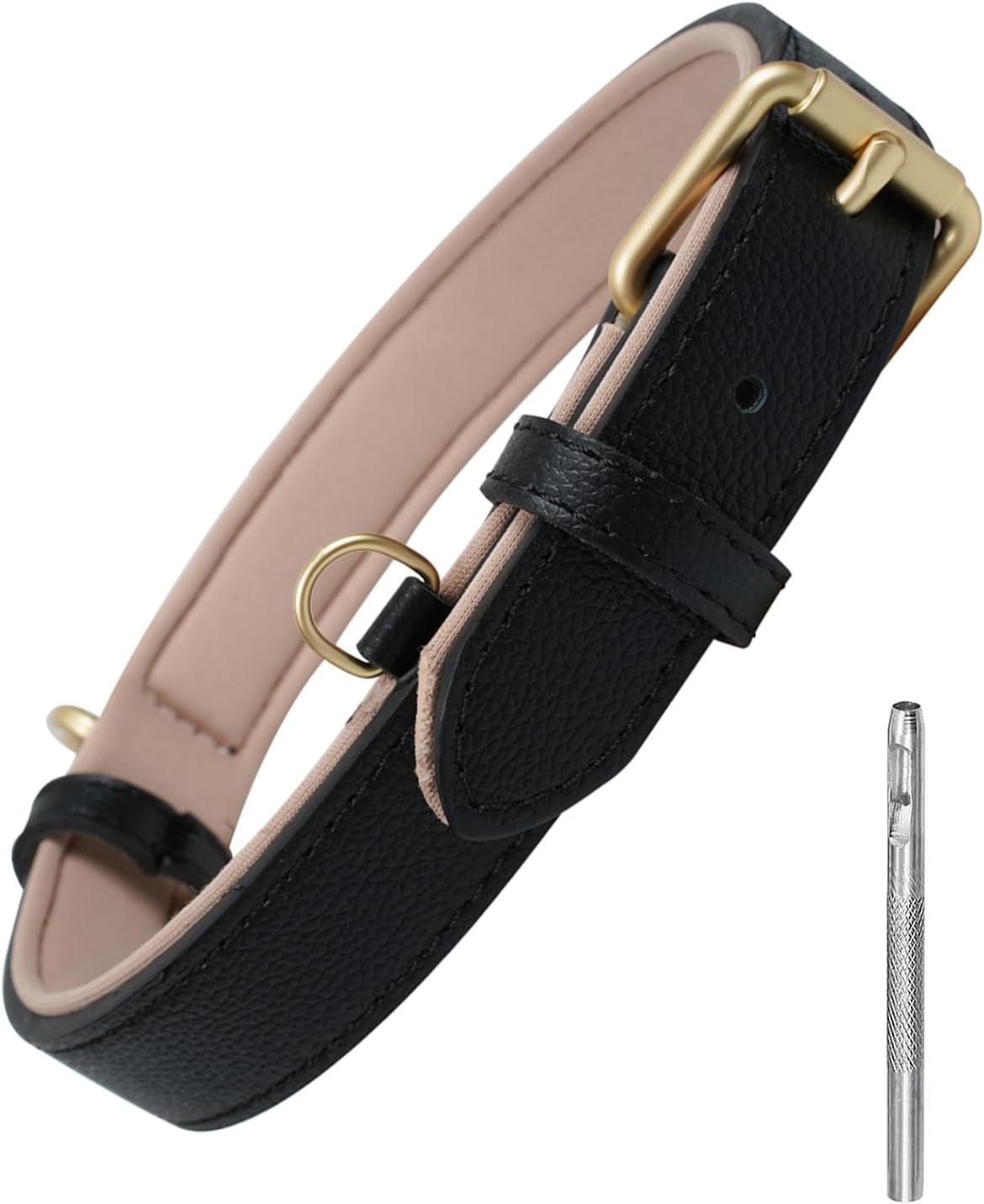 Leather Dog Collar Soft Padded Heavy Duty Strong Collars Comfortable Basic Pet Collar with Adjustable Rust-Proof Metal Buckle Best Gift for Small Medium Large Dogs,Black,L