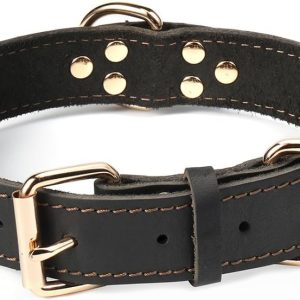 Genuine Leather Dog Collar, Heavy Duty Wide Dog Collar for Small, Medium, Large and Extra Large Dog (L: 1.2" Wide for 16.2"-22" Neck, Single Stitch - Black)