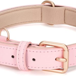 Leather Dog Collar for Small Medium Large Dog Adjustable Soft Breathable Leather Padded Puppy Collar with Alloy Buckle Heavy Duty Waterproof Classic Dog Pet Collar,Pink,S