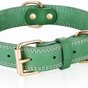 Leather Dog Collar, Heavy Duty, Wide, Genuine, for Medium & Large Dogs, Dual Stitch - Green