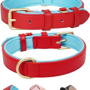 Leather Dog Collar Soft Padded Heavy Duty Strong Collars Comfortable Basic Pet Collar with Adjustable Rust-Proof Metal Buckle Best Gift for Small Medium Large Dogs,Red,M
