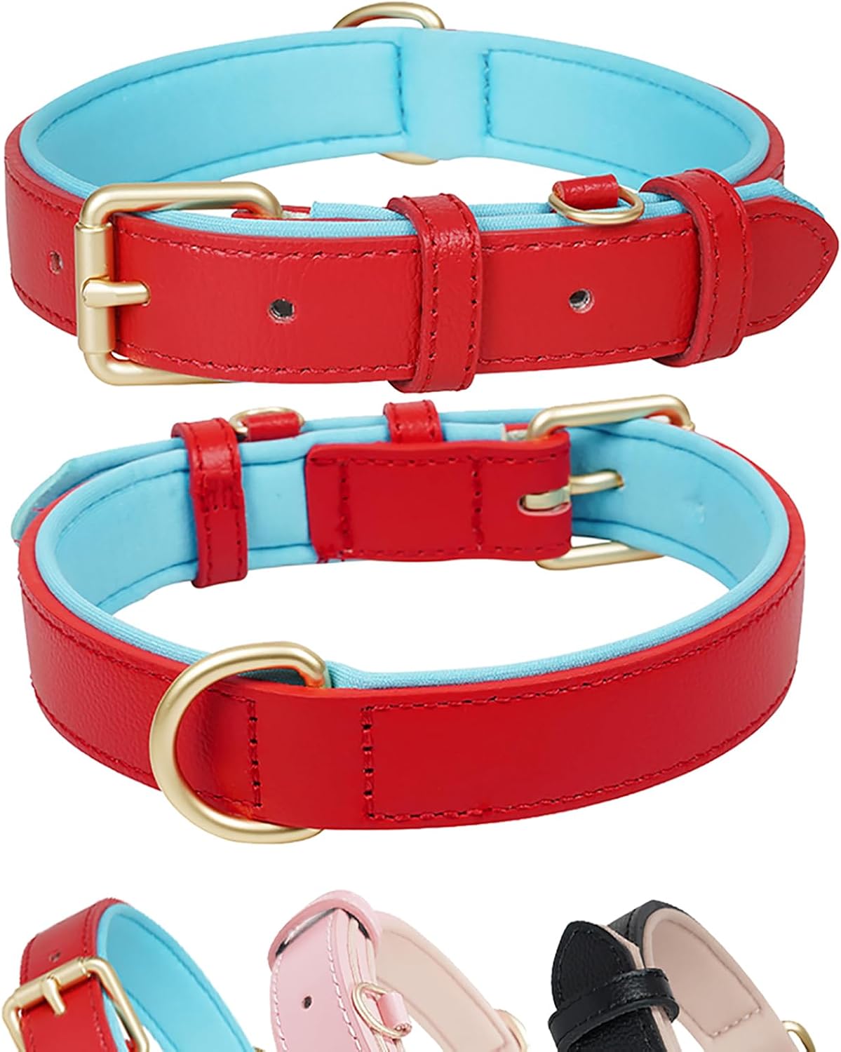 Leather Dog Collar Soft Padded Heavy Duty Strong Collars Comfortable Basic Pet Collar with Adjustable Rust-Proof Metal Buckle Best Gift for Small Medium Large Dogs,Red,M