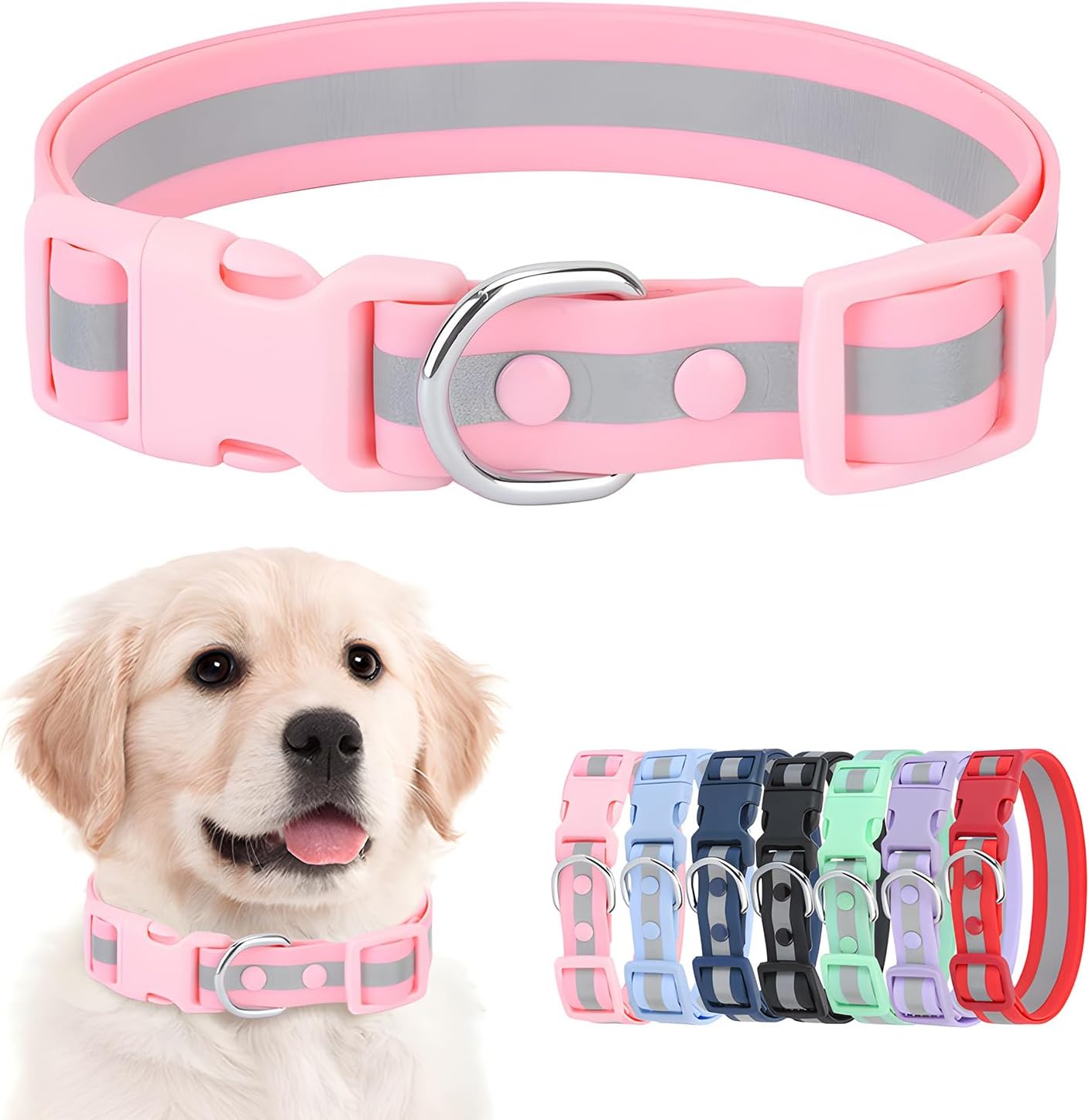 Waterproof Dog Collar - Reflective Adjustable Collar Durable Collars for Small Medium Large Dogs Easy Clean PVC Material - Multiple Colors Sizes (S, M, L)