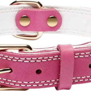 Dog Collar,Genuine Leather Heavy Duty Dog Collar for Small, Medium,Large and Extra Large Dogs (L: 1.2" Wide for 16.2"-22" Neck,Dual Stitch - Pink)