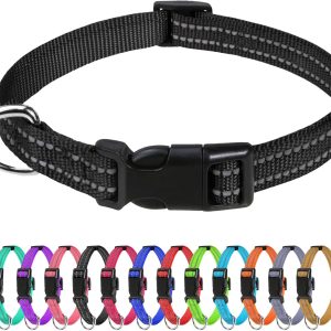 Reflective Nylon Dog Collars, Adjustable Classic Pet Collar with Quick Release Buckle for Puppy, Black 3/8" Width