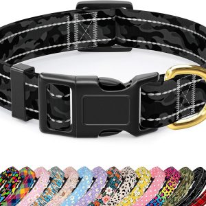 Reflective Dog Collar for Medium Dogs, Cute Camouflage Adjustable Heavy-Duty Nylon Puppy Collar for Boy and Girl Female, Soft Pet Accessories with Quick Release Buckle, Black