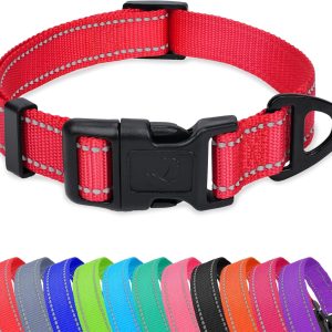 Reflective Adjustable Dog Collars for Puppy Small Medium Large Dogs, Thin Nylon Webbing and Quick Release Plastic Buckle(Red, Medium)