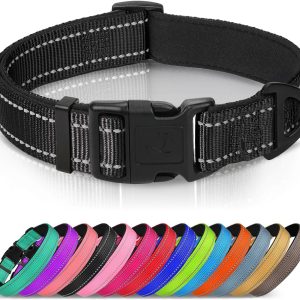 Reflective Dog Collar, Soft Neoprene Padded, Metal D-Ring, Nylon Pet Collar Adjustable for Large Dogs, Black, L