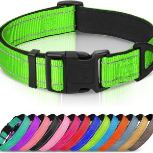 Reflective Dog Collar, Soft Neoprene Padded, Metal D-Ring, Nylon Pet Collar Adjustable for Large Dogs, Green, L