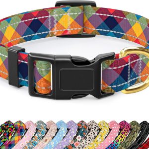 Reflective Dog Collar for Large Dogs, Cute Boho Adjustable Heavy-Duty Nylon Puppy Collar for Boy and Girl Female, Soft Pet Accessories with Quick Release Buckle, Colorful Tartan