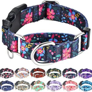 Slip Collar for Dogs Martingale Collar with Buckle Floral Adjustable Soft Nylon Dog Collars (Blue Pink Flower, Large)