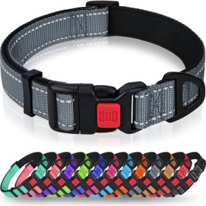Reflective Dog Collar with Safety Locking Buckle, Adjustable Nylon Pet Collars for Extra Large Dogs Female Male, Grey, XL