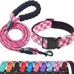 Reflective Dog Collar Padded with Soft Neoprene Breathable Adjustable Nylon Dog Collars for Small Medium Large Dogs (Medium (Pack of 1), Pink Plaid Collar+Leash)