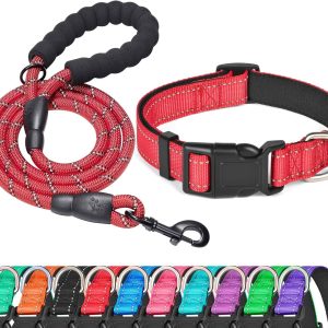 Reflective Dog Collar Padded with Soft Neoprene Breathable Adjustable Nylon Dog Collars for Small Medium Large Dogs (Medium (Pack of 1), Red Collar+Leash)