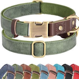 Soft PU Leather Dog Collars for Small Dogs,Classic Adjustable Dog Collars with Quick Release Metal Buckle,Easy Clean and Comfortable with Nylon Lining,Green,S Neck 11-15"