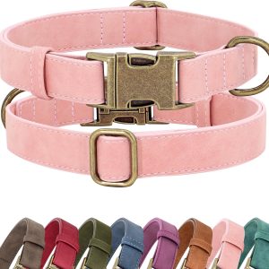 Soft PU Leather Dog Collar, Stylish Quick Released Dog Collars for Small Dogs, Easy Clean Adjustable Pet Collar for Daily Walking, Pink, S Fit 10-16" Neck