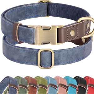 Soft PU Leather Dog Collars for Small Dogs,Classic Adjustable Dog Collars with Quick Release Metal Buckle,Easy Clean and Comfortable with Nylon Lining,Blue,S Neck 11-15"